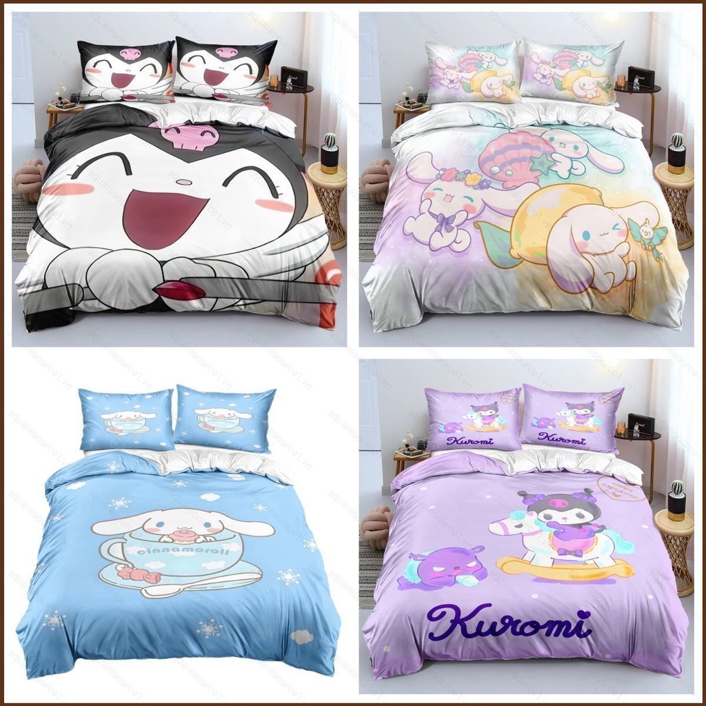 Squar1 ชุดเครื่องนอน ผ้าปูที่นอน ปลอกหมอน ผ้าห่ม ลาย Sanrio Cinnamoroll Kuromi สําหรับตกแต่งบ้าน ห้องนอน