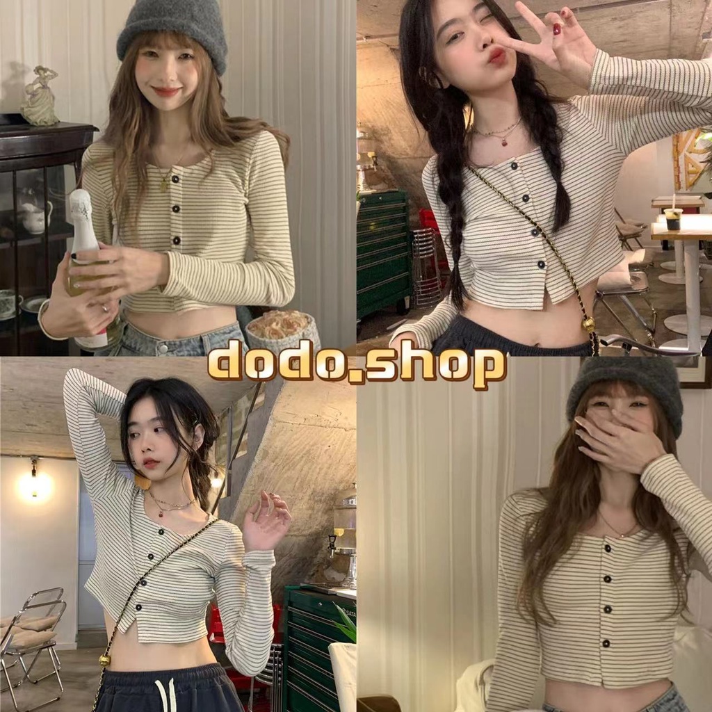 DODO*สินค้าพร้อมส่ง*เสื้อไหมพรมแขนยาว ผ้านุ่มแต่งกระดุมคอวีลายทางน่ารักเกาหลีมากLisa(68106)
