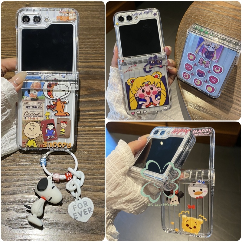 ลายกระเป๋าเดินทางจี้เคสใส Samsung Galaxy Z Flip 6 Z Flip 5 Z Flip 4/3 บานพับป้องกันพร้อมสายคล้องการ์ตูนทาสีโปร่งใสกันกระแทก Hard PC ฝาหลัง