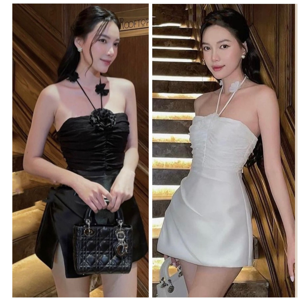 (พร้อมส่ง) MIRALYN47 54 & Queen2 มินิเดรส ทรงเกาะอกเชือกผูกคอแต่งดอกไม้น่ารักมาก ร้าน K. PC.sty งานป