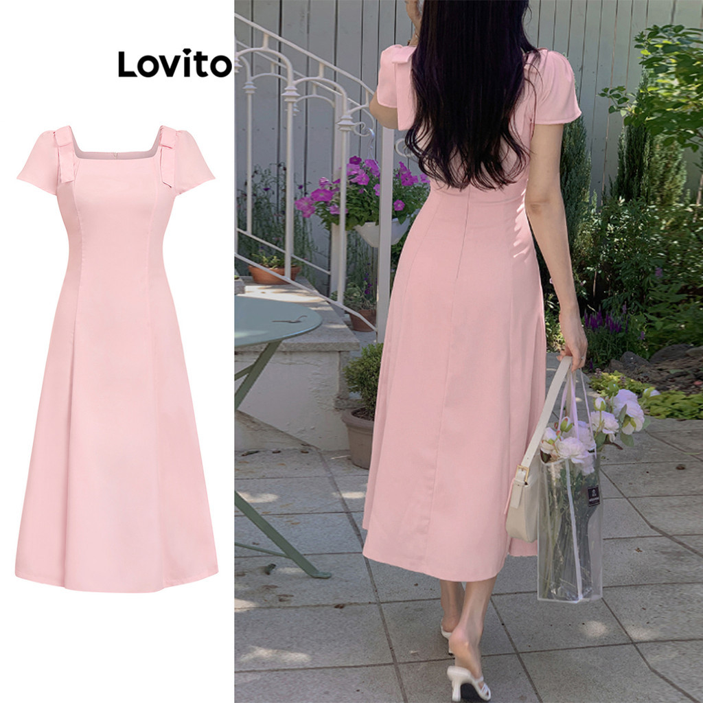 Lovito เดรสผู้หญิง แต่งโบว์ สีพื้น สไตล์หรูหรา L95ED180