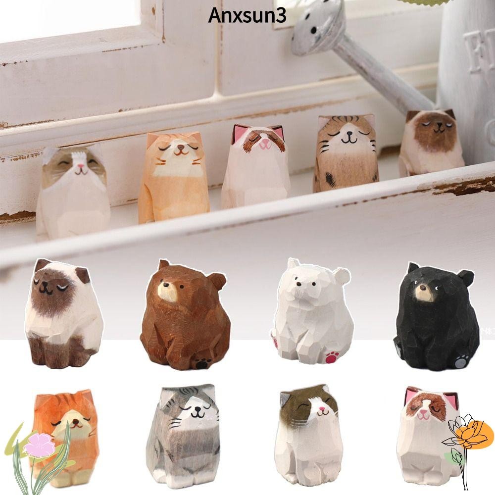 Anxsun3 ไม้หมีตุ๊กตา,การ์ตูนสัตว์แกะสลักแกะสลักแมวรูปปั้น,ตกแต่งบ้านไม้ Art Craft Desktop Knick-knack