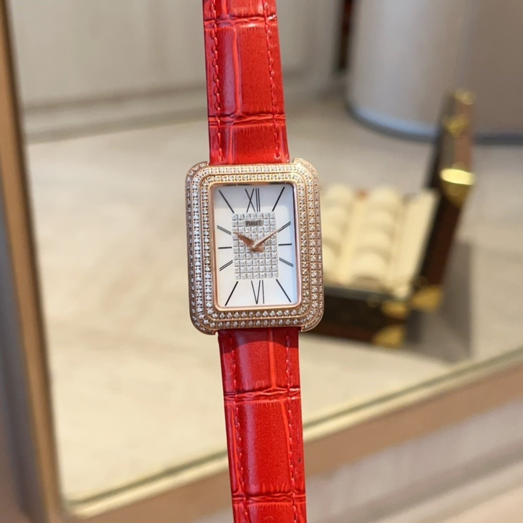 นาฬิกาผู้หญิง Piaget Limelight Gala 27MM LA6 ขอบเพชร หน้าปัดขาว นาฬิกาผู้หญิงที่มีเสน่ห์ สายหนังสีแด