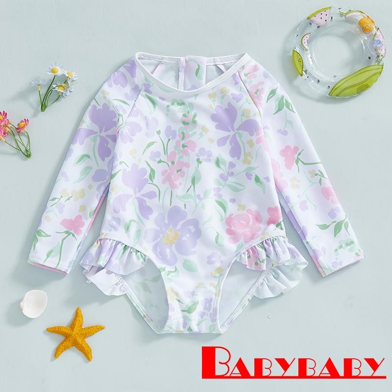 Bab-toddler Girls Rash Guard ชุดว่ายน้ําลายดอกไม้แขนยาวคอลูกเรือ