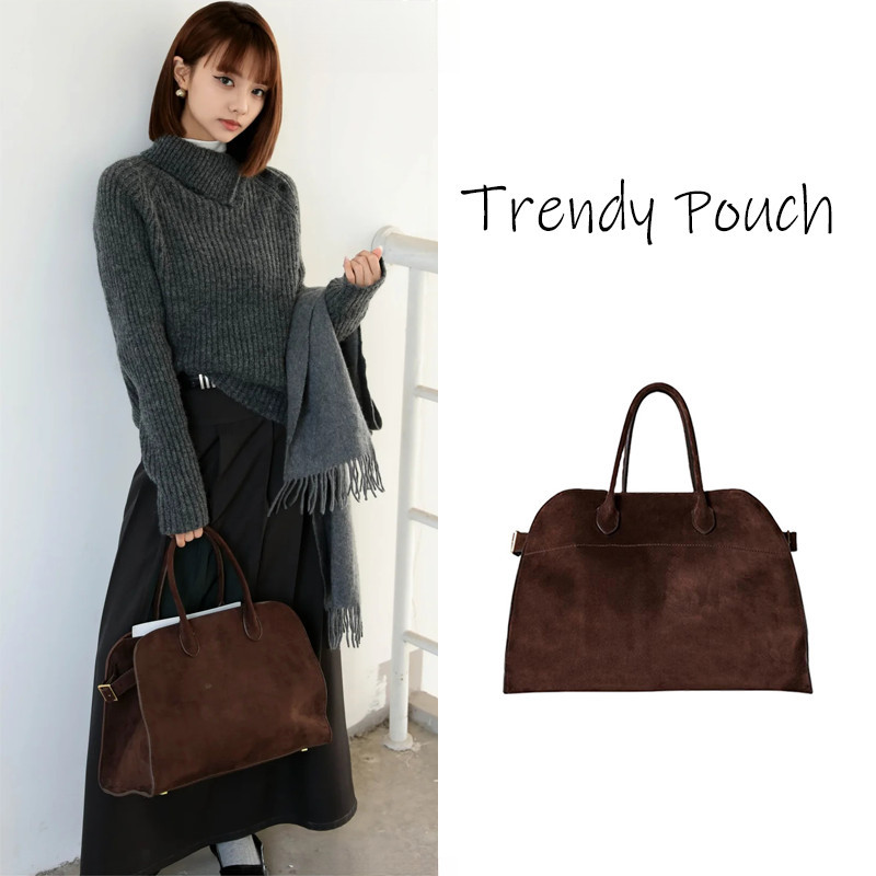 TRENDY POUCH  Suede the row bag  กระเป๋าถือ หนังกลับ ขนาดใหญ่  สีน้ำตาล ย้อนยุค tote bag