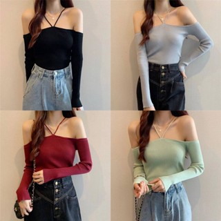 ✨พร้อมส่ง ส่งเร็ว ส่งไว✨ เสื้อแขนยาว ผ้าไหมพรมร่อง โชว์ไหล่ ลุคเซ็กซี่