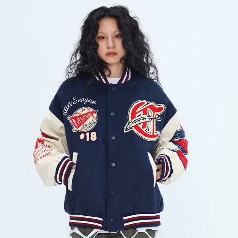 Retro Varsity Jacket Vintage เย็บปักถักร้อย Bomber Jacket หนังคุณภาพสูง Vintage Jacket