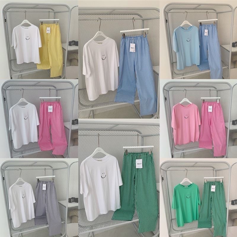 ชุดนอน ชุดลำลองลายยิ้ม ชุดเซ็ท 2ชิ้น เสื้อ+กาวเกง มี 8สี พร้อมส่ง【LittleStar19】