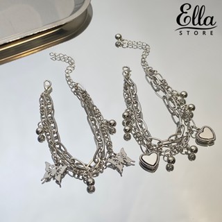 Ellastore123 สร้อยข้อเท้าโซ่ สองชั้น จี้กระดิ่งหัวใจ ผีเสื้อ ปรับได้ ฤดูร้อน เครื่องประดับแฟชั่น สําหรับผู้หญิง