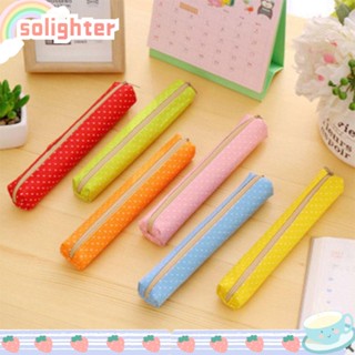 SOLIGHTER กระเป๋าเครื่องเขียน กระเป๋าปากกา ผ้าแคนวาส ลายจุดน่ารัก ขนาดเล็ก สีแคนดี้ เหมาะกับของขวัญ สําหรับเด็ก จํานวน 3 ชิ้น