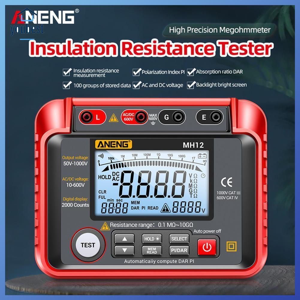 Aneng MH12 เครื่องวัดความต้านทานดิจิทัล เมกะโอห์มมิเตอร์ ฉนวนกันความร้อน สายทดสอบความต้านทานดิน แรงดันสูง โวลต์มิเตอร์