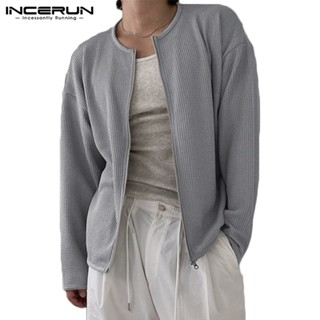 Incerun เสื้อเชิ้ตแขนยาว ผ้าถัก มีซิป สําหรับผู้ชาย