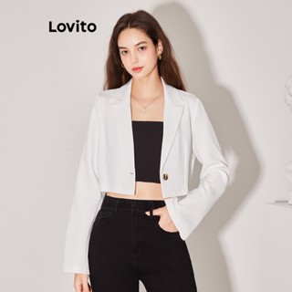 Lovito เสื้อเบลเซอร์ คอปก แต่งกระดุม สีพื้น เรียบหรู สำหรับผู้หญิง L59ED077 (สีขาวนวล)