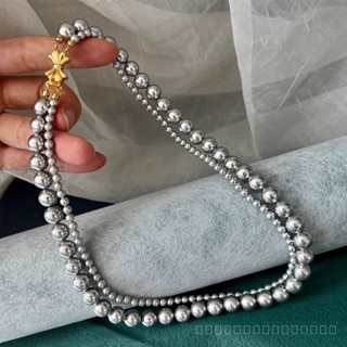 0916SPSDY Silver Gray Really Many Hemp Shell Pearls Shijia Pearl Necklace Girls Wild Niche Double-Layer Sweater Chain High Sense Necklace OBCD