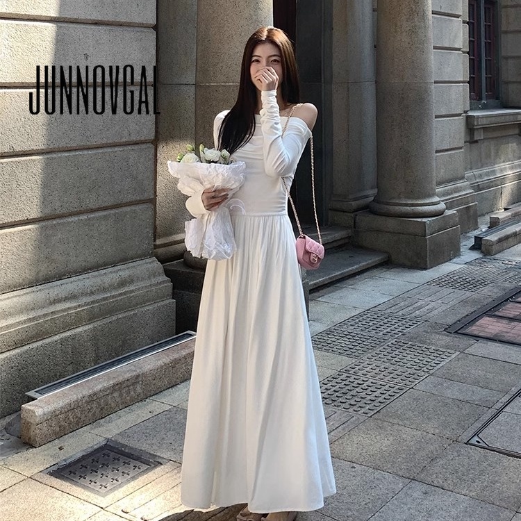 Junnovgal ชุดมิดี้เดรส เปิดไหล่ แขนยาว พลัสไซซ์ สีพื้น แฟชั่นใหม่ สําหรับผู้หญิง 2023