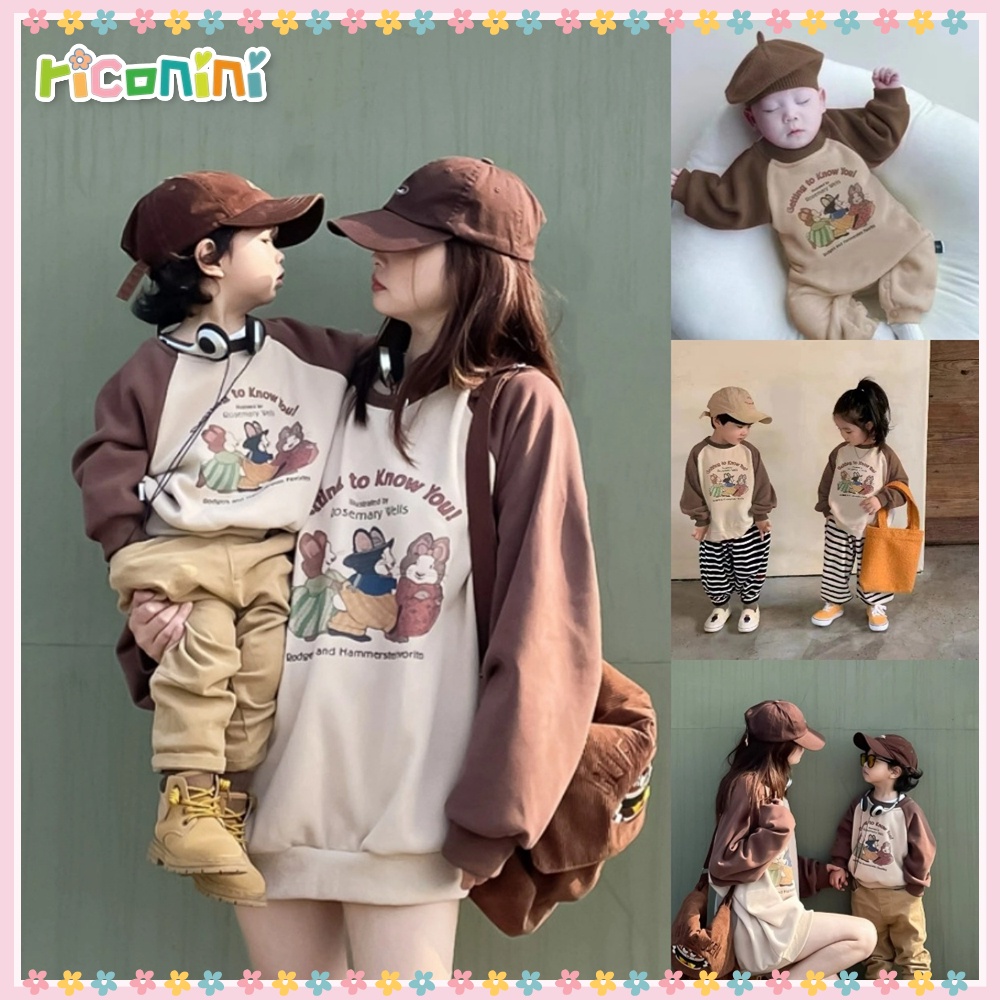 RICONINIเกาหลีครอบครัวหมีการ์ตูน Raglan Hoodies สีปิดกั้นขนแกะเสื้อผู้ใหญ่เด็ก 3-15Y จับคู่ Photo-Ready ฤดูหนาวชุดชุด