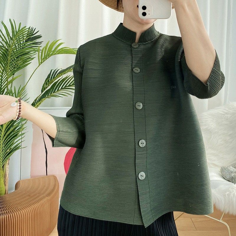 Miyake เสื้อแจ็กเก็ต คอปกตั้ง แต่งกระดุมแถวเดียว สไตล์คลาสสิก แฟชั่นฤดูใบไม้ผลิ และฤดูใบไม้ร่วง สําหรับแม่ 2023