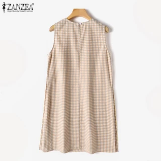 Zanzea ชุดเดรส คอกลม แขนกุด ลายสก๊อต มีกระเป๋าด้านข้าง สไตล์เกาหลี สําหรับผู้หญิง