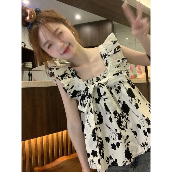 เสื้อกล้าม แขนพอง พิมพ์ลายลูกไม้ ประดับโบว์ ขนาดเล็ก ออกแบบดี เหมาะกับฤดูร้อน สําหรับเด็ก