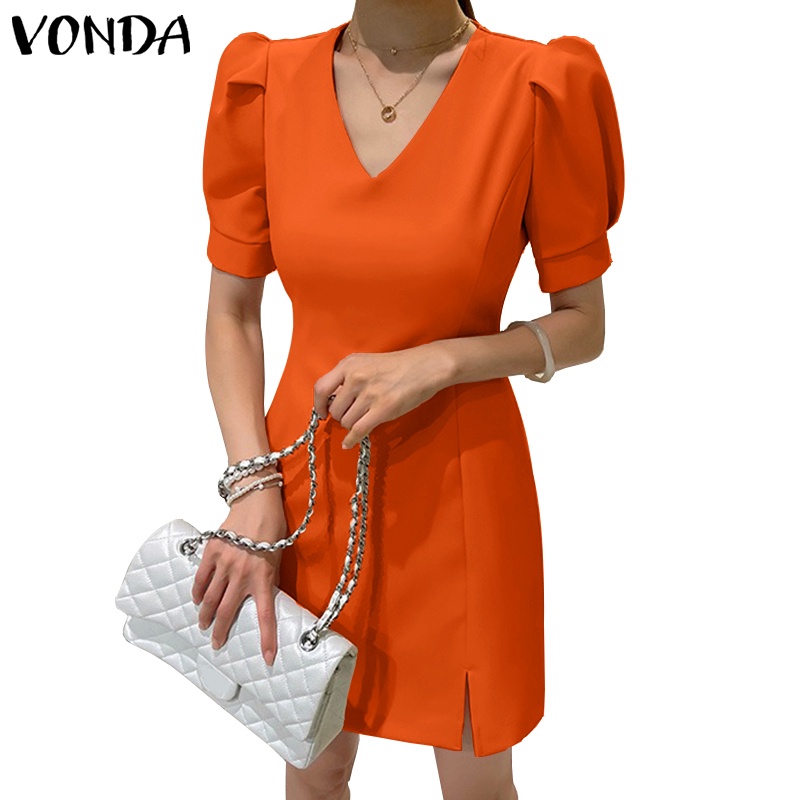 Vonda ชุดเดรสสั้น คอวี แขนพอง เก็บเอว สไตล์เกาหลี สําหรับผู้หญิง