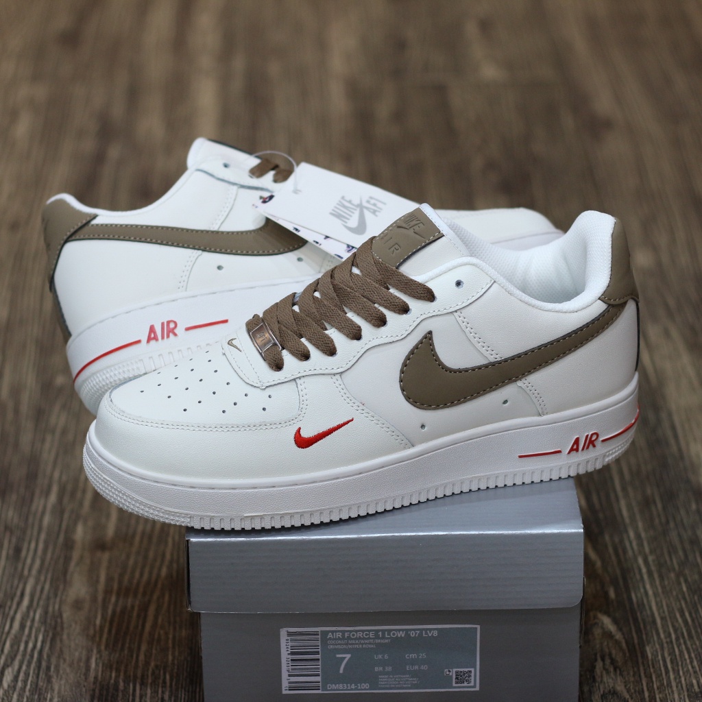 SEPATU CASUAL NIKE AIR FORCE 1 BEIGE BROWN RED SNEAKERS KETS แฟชั่น