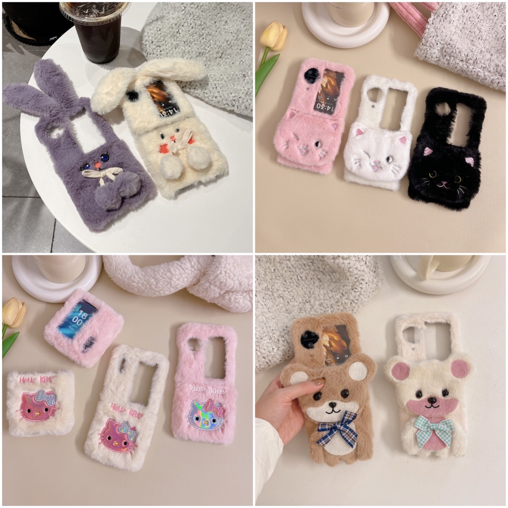 เคสโทรศัพท์มือถือ ผ้ากํามะหยี่ขนนิ่ม ฝาพับ ลายกระต่าย หมี แมว 3D กันกระแทก สําหรับ OPPO Find N2 Flip for OPPO Find N3 Flip
