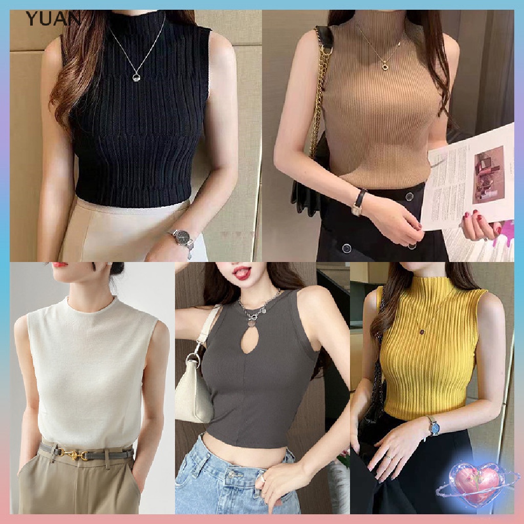LovinTH-- เสื้อกล้าม คอเต่า แขนกุด เสื้อกั๊กถัก สีพื้น แฟชั่นฤดูร้อน สําหรับผู้หญิง สไตล์เกาหลี TH