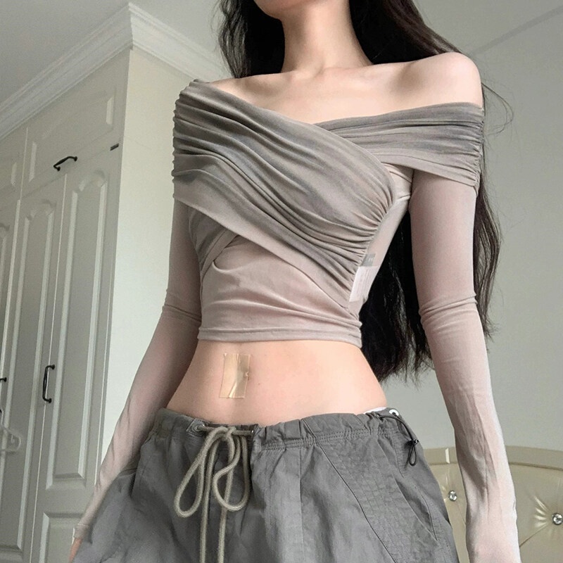 เสื้อครอปท็อปแขนยาวลําลอง เปิดไหล่ เข้ารูปเซ็กซี่ สีพื้น แฟชั่นเรียบง่าย สําหรับผู้หญิง