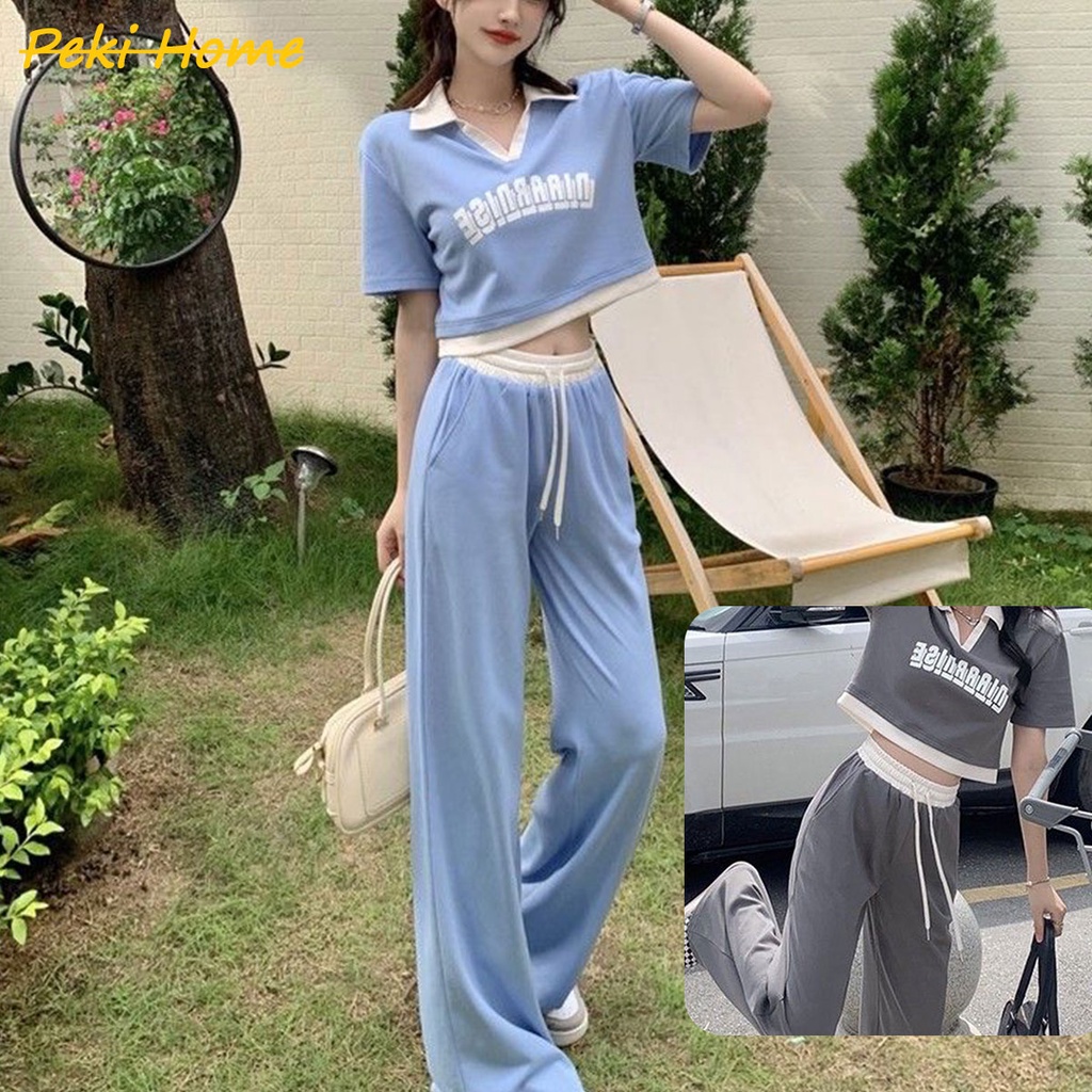 ชุดเซ็ต 2ชิ้น ปักลายตัวอักษร เสื้อคอปกแขนสั้น กางเกงขายาว