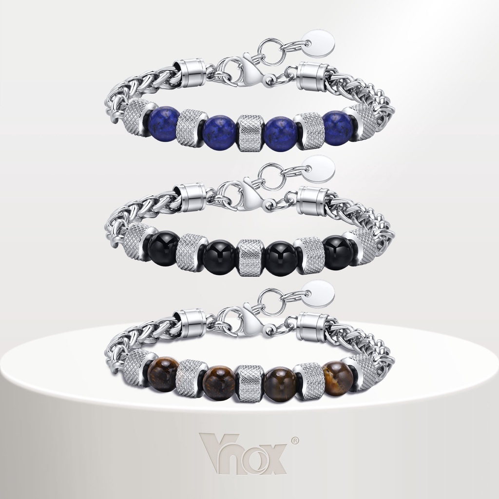 Vnox สร้อยข้อมือโซ่ ประดับลูกปัดหินตาเสือธรรมชาติ 8 มม. ของขวัญวันเกิดคริสต์มาส สําหรับผู้ชาย
