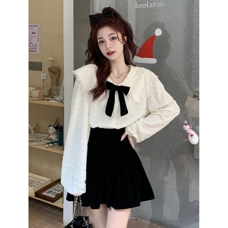 เสื้อเชิ้ตแขนยาว คอตุ๊กตา ประดับโบว์ สไตล์ฝรั่งเศส เรโทร สําหรับผู้หญิง