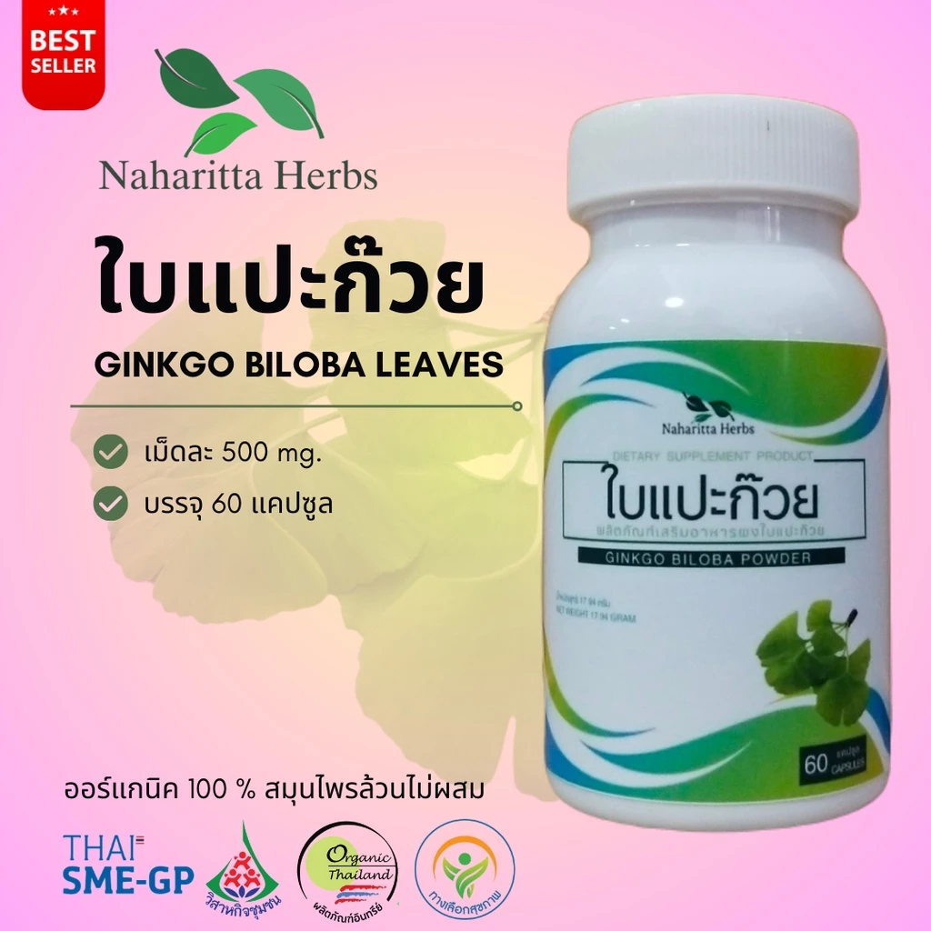ใบแปะก๊วย Ginkgo biloba leaves 100% 60cap. เลือกขนาดได้ในตัวเลือก