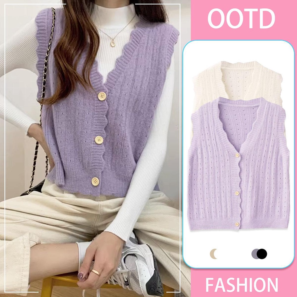 mimi&didi.เสื้อกั๊กไหมพรมสีพื้นผู้หญิงแฟชั่น เสื้อแขนกุด คอวี สไตล์เกาหลี แต่งขอบคลื่นน้ำ#A342