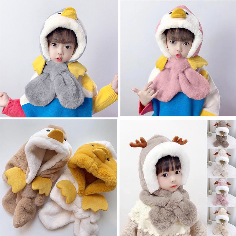 พร้อมส่ง หมวกเด็กและผ้าพันคอที่อบอุ่นในหนึ่งเดียว เด็กชายและเด็กหญิงในฤดูหนาวหนานุ่มอบอุ่นทารกตุ๊กตาป้องกันหูกันลม