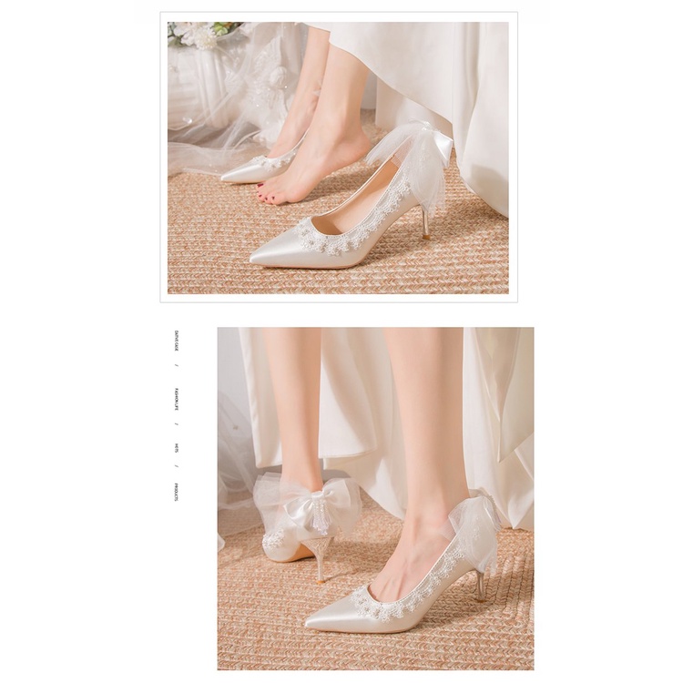 รองเท้าส้นสูง ผ้าซาติน หัวแหลม ไซซ์ 34-39 แฟชั่นใหม่ สําหรับผู้หญิง ใส่ไปงานแต่งงาน 2024