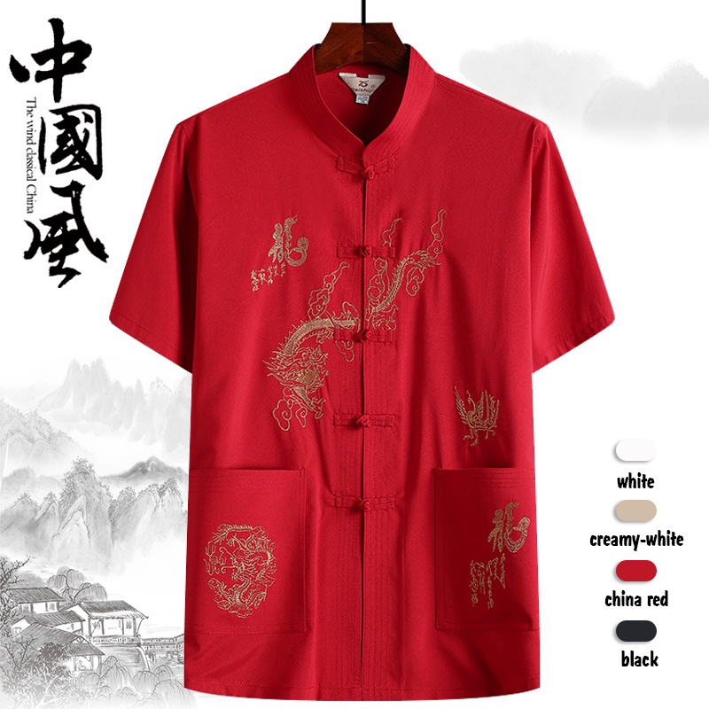 เสื้อเชิ้ตแขนสั้น ผ้าลินิน ปักลายมังกรจีน ทรงหลวม แบบดั้งเดิม สไตล์ตรุษจีน