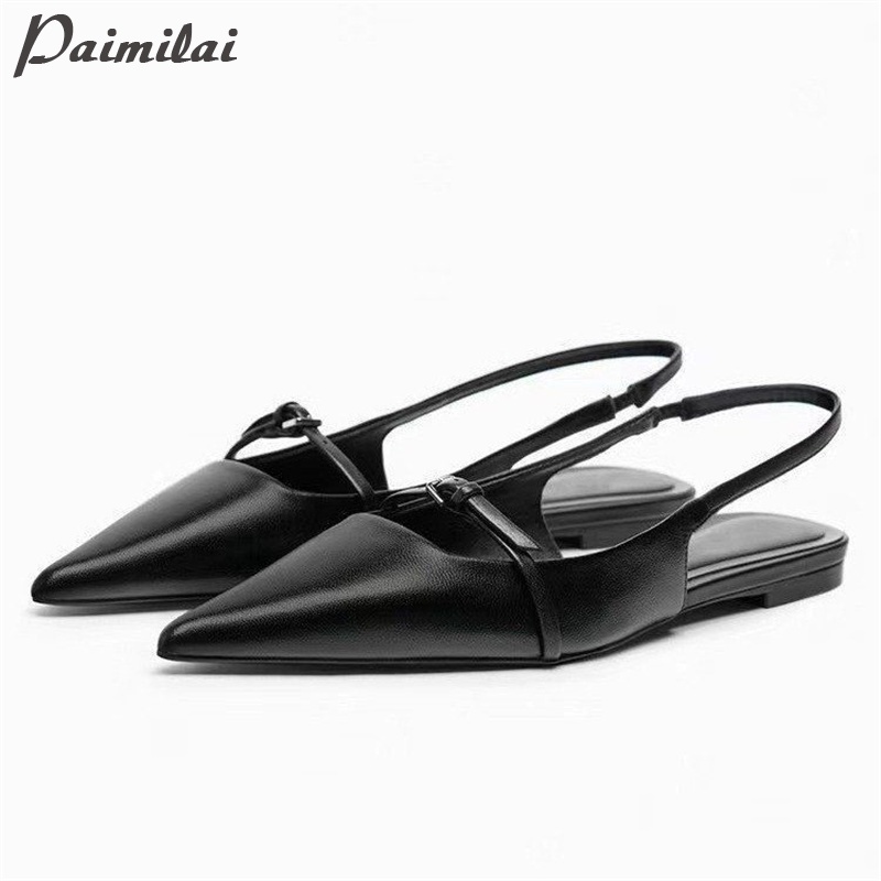 Paimilai ใหม่ รองเท้าแตะลําลอง หัวแหลม สีดํา สไตล์เกาหลี ฝรั่งเศส เรียบง่าย สําหรับสตรี
