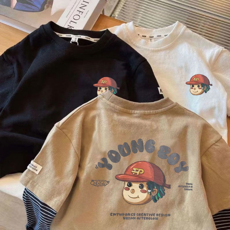 【Boy Top】เสื้อยืดแขนยาว คอกลม ผ้าฝ้าย แบบบาง พิมพ์ลายการ์ตูน Budak Lelaki Baju ทรงหลวม สไตล์เกาหลี สําหรับเด็กผู้ชาย อายุ 1-13 ปี
