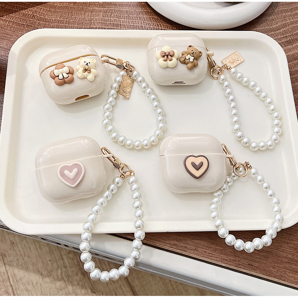 เคสหูฟัง TPU นิ่ม กันหาย ลายหมีน่ารัก สีเบจ พร้อมสายโซ่ไข่มุก สําหรับ Lenovo Thinkplus LP40 LP40 Pro