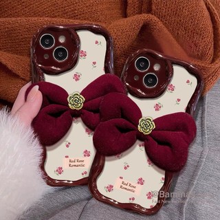 เคสโทรศัพท์มือถือ แบบนิ่ม ลายดอกไม้ สีไวน์แดง ประดับโบว์ สําหรับ iPhone 15 14 13 12 11 Pro Max X Xr Xs Max 7 8 Plus SE2020