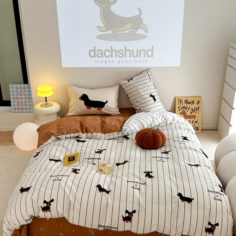 ชุดเครื่องนอน ผ้าปูที่นอน ผ้าฝ้ายแท้ 100% ลาย Dachshund 4 IN 1 พร้อมผ้าปูที่นอน เตียงเดี่ยว ควีนไซซ์ คิงไซซ์