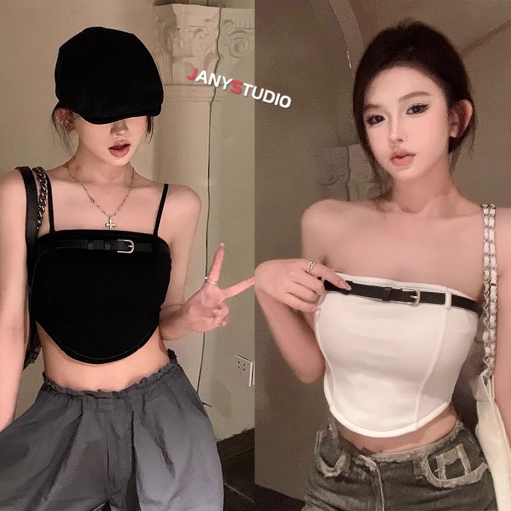 เสื้อเกาะอกตัวหนังสือวินเทจ ใส่ถ่ายรูปเท่ๆคาดเข็มขัด