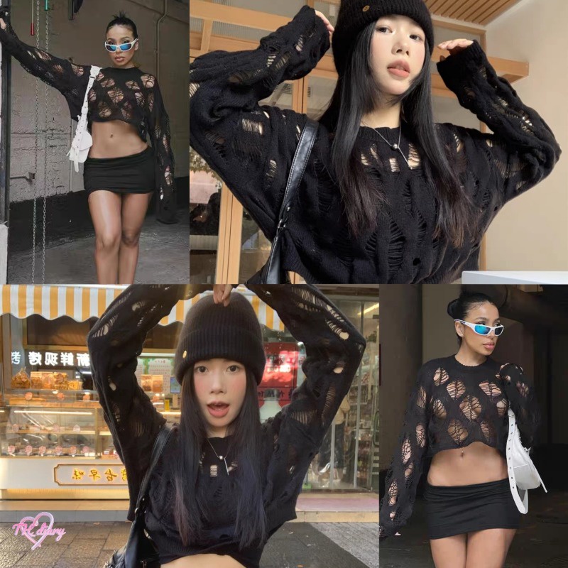 (เรือจากกรุงเทพฯ) แบบใหม่รับซัมเมอร์. การออกแบบแกะสลักกลวง สไตล์สั้นพิเศษ หญิง เสื้อถักนิตติ้งแขนย