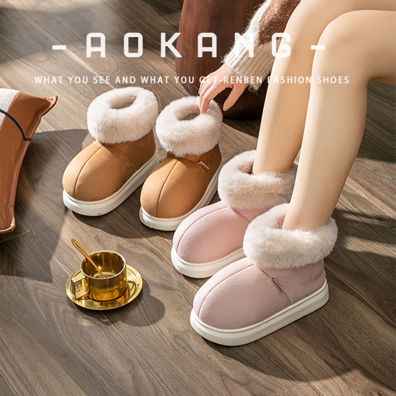 Aokang กระเป๋าคริสต์มาสกันลื่นอุ่นแฟชั่นพื้นหนาแบบใหม่สําหรับผู้หญิงพร้อมรองเท้าแตะผ้าฝ้าย
