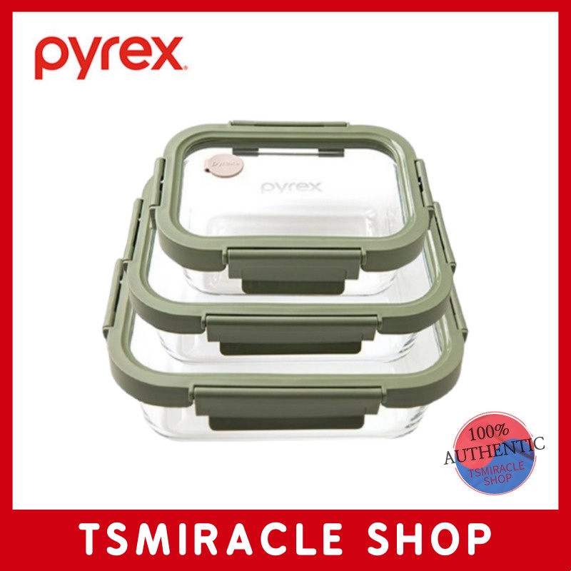 Pyrex Olive Green Steam&All Glass Airtight Container ทรงสี่เหลี่ยม 6 Type