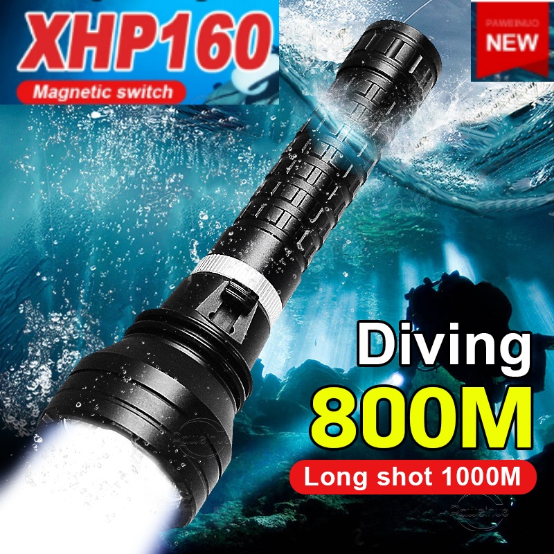 Xhp190 XHP160 ไฟฉายดําน้ํามืออาชีพ 800M โคมไฟใต้น้ํา XHP200 ไฟฉายดําน้ําที่มีประสิทธิภาพ IPX8 กันน้ํ
