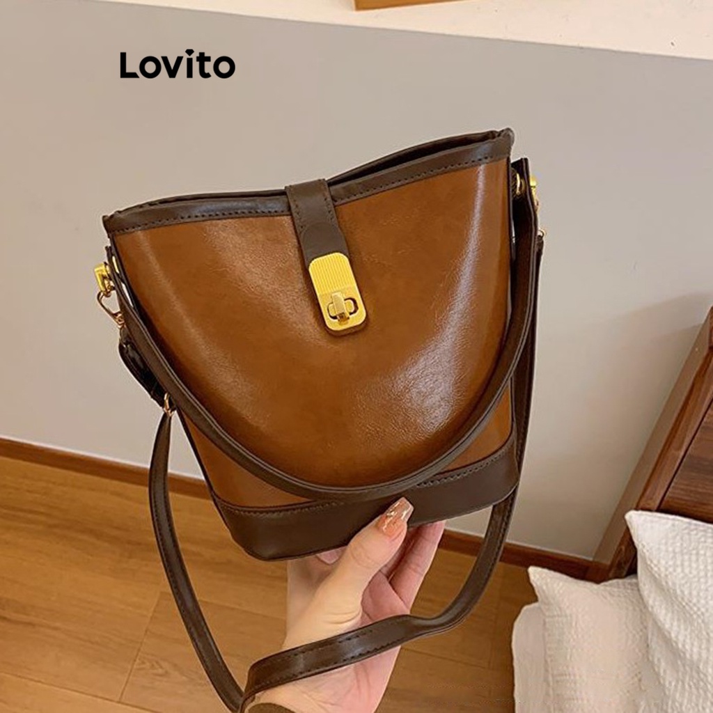 Lovito กระเป๋าสะพายไหล่ลําลอง ทรงบักเก็ต จุของได้เยอะ อเนกประสงค์ สไตล์เรโทร สําหรับผู้หญิง LFA12575