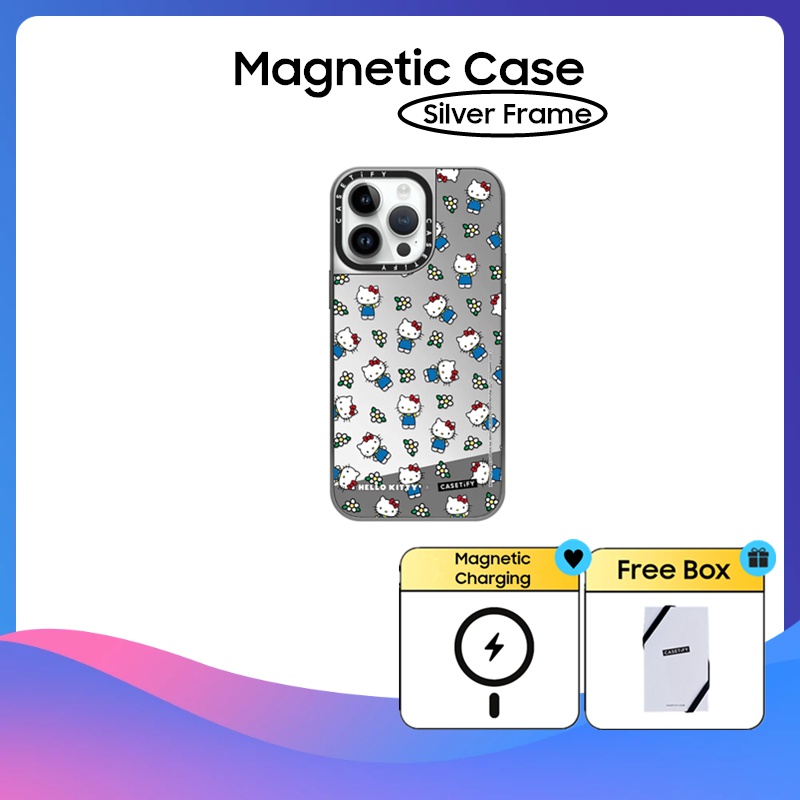 Casetify Silver Frame Hello Kitty Flower Mirror Hard Plastics Pc impact Case Cover สําหรับ iPhone 11 12 13 14 15 Pro Max