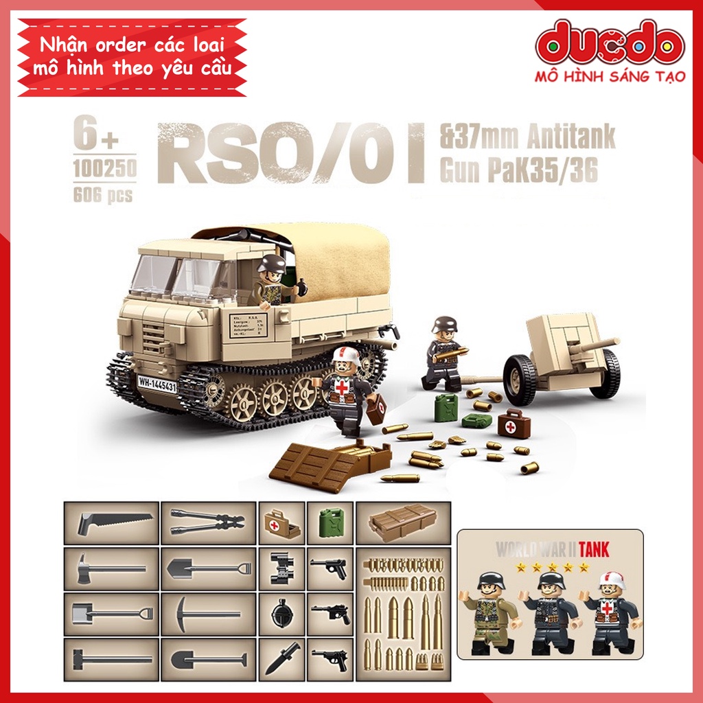 ประกอบรถแทรกเตอร์ RSO/01 พร้อมต่อต้านถัง - ของเล่นปริศนาโมเดล QuanGuan WW2 100250