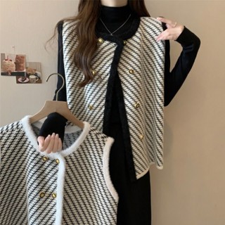 เสื้อกั๊กถัก คอกลม กระดุมคู่ ขนาดใหญ่ หรูหรา แฟชั่นฤดูใบไม้ร…